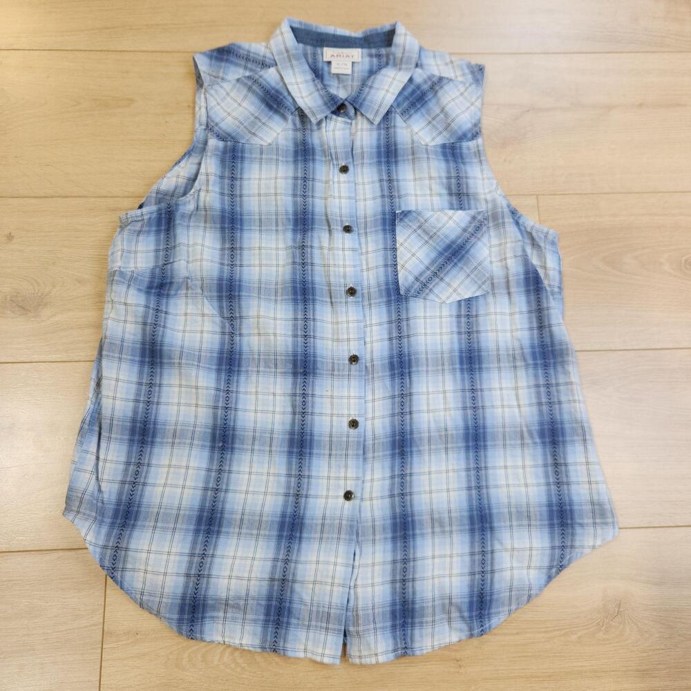 Ariat Shirt Womens XL Blue Plaid Sleeveless Button Front Western Lightweight